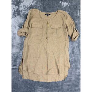 Ellen Tracy Womens Small Tan Long Sleeve Button Tab Top